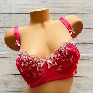 ADORE ME Bra 32H Pink Lace Balconette ‎ Sheer Push Up Floral Bow Adjustable NWT